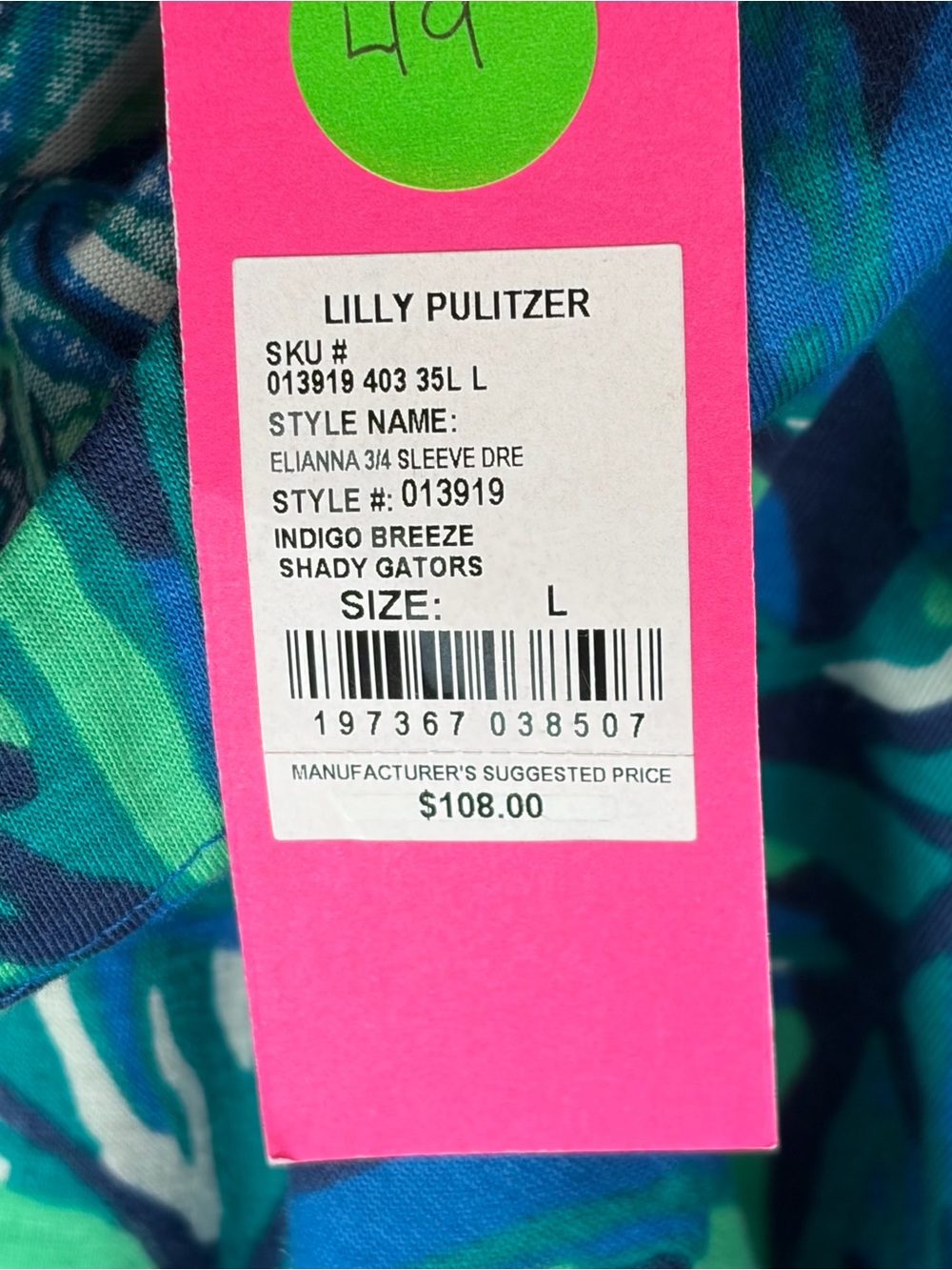 Lilly Pulitzer Elianna 3/4 sleeve Dress Indigo Breeze Shady Gators Blue/Green L - Picture 5 of 9